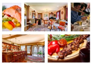 Images of salmon, the lounge area, someone pouring drinks, the bar, and grilled meat on a plate.