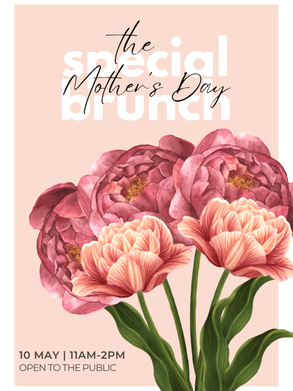 Poster for Mother's Day brunch on pink background with large white 'brunch' text and pink peonies in the foreground; May 10, 11am–2pm, open to the public.