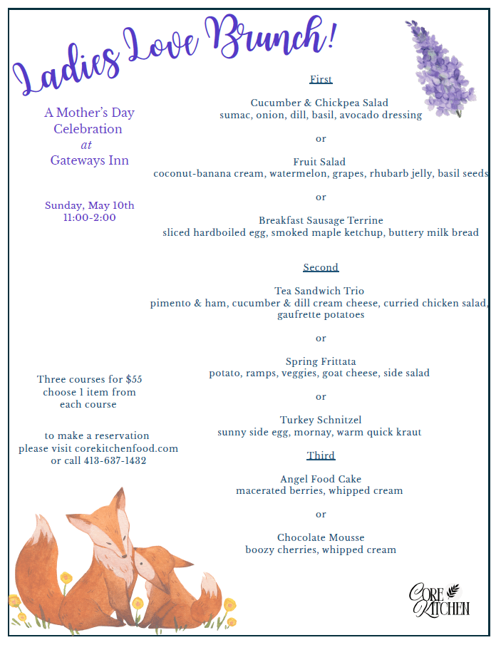 Brunch menu poster titled "Ladies Love Brunch!" for Mother's Day at Gateways Inn, listing First, Second, and Third courses with food options and prices, with a lavender bouquet and fox illustration.