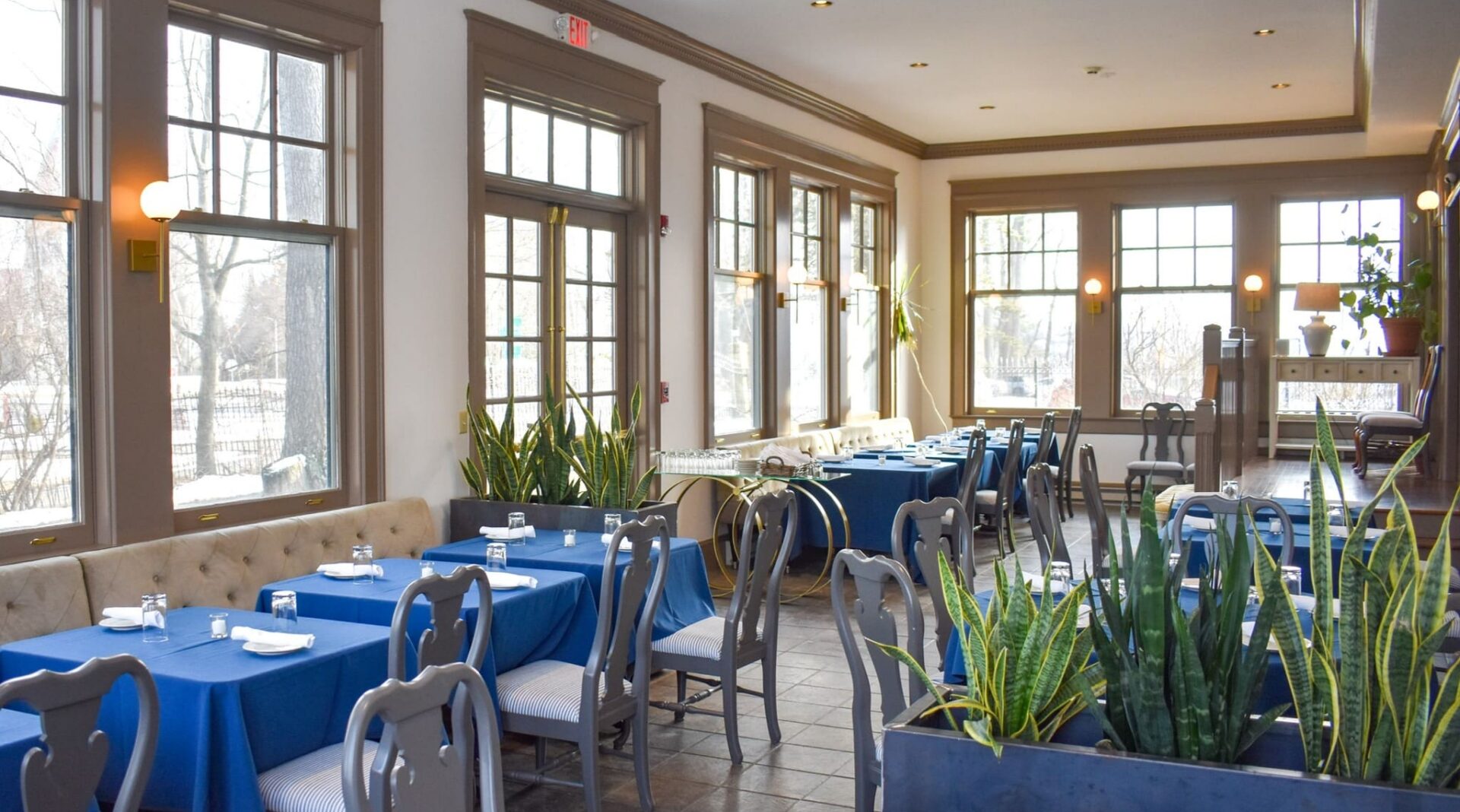 Bright dining room with blue tablecloths, gray chairs, and large windows letting in natural light, with potted plants nearby.