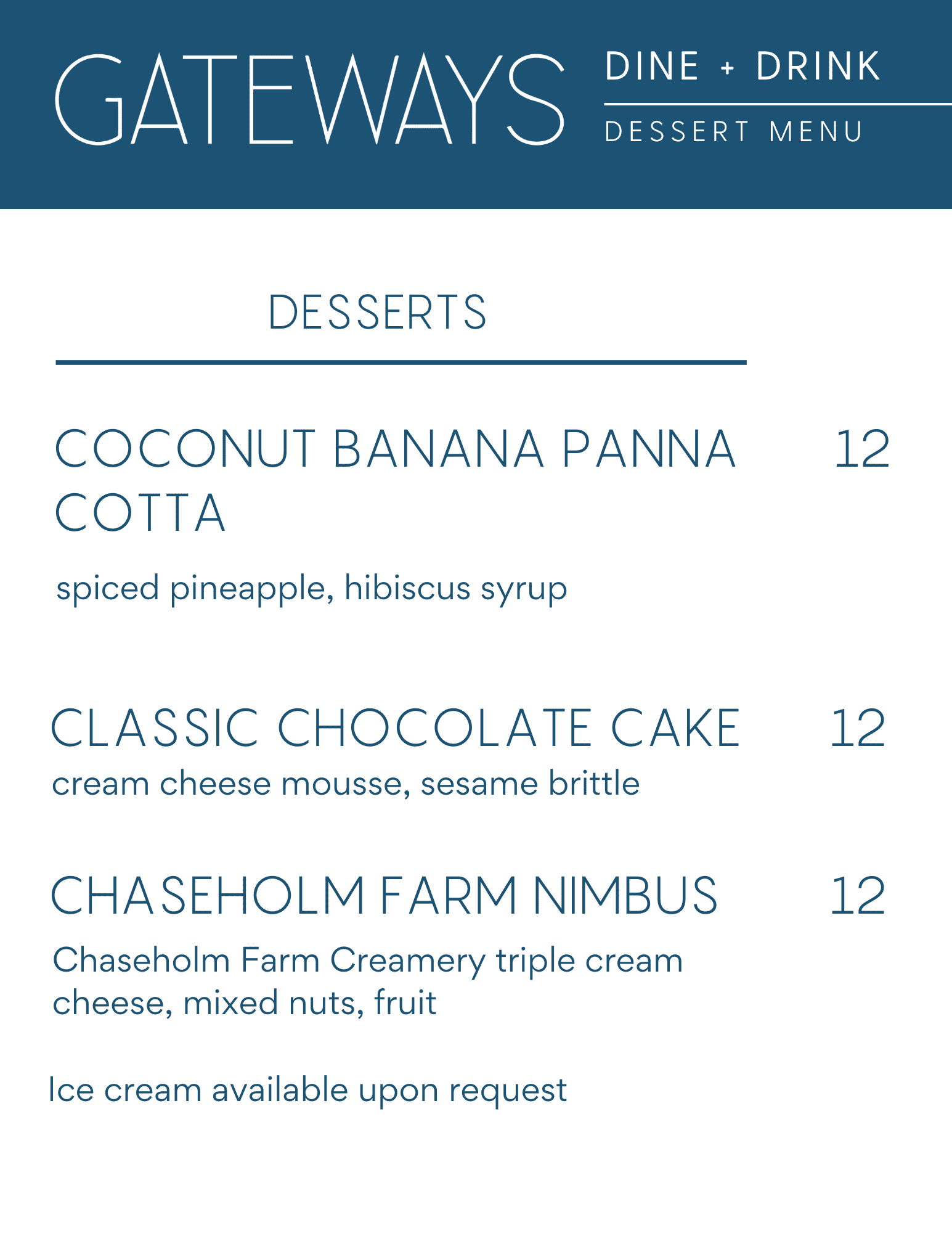 - Gateways Inn Dessert Menu